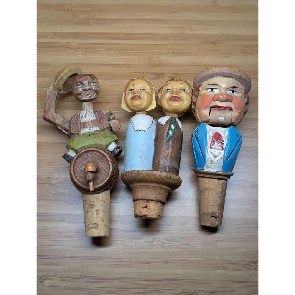 (3) Vtg ANRI Style Mechanical Wood Bottle Stoppers Kissing Couple Hand Carved
